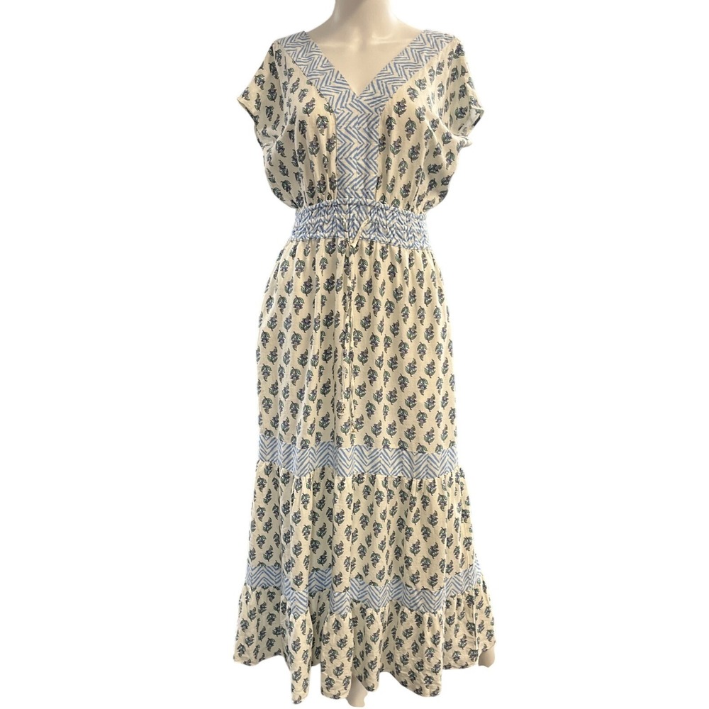Rachel Zoe Dress Linen Blend Tiered Maxi Blue‎ Garden Floral S Resort Vacation